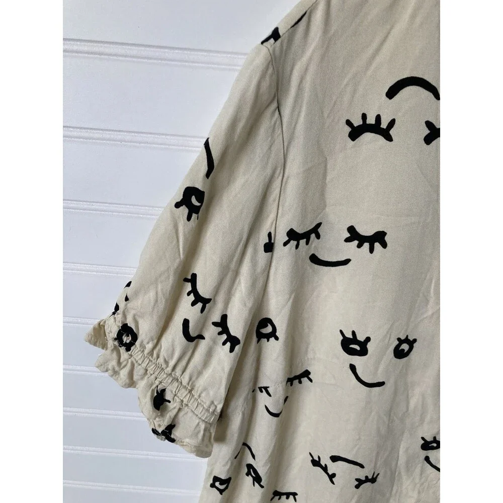 Monkl Mini Dress Tunic Face Print MEDIUM Women Ruffle Hem Artsy Quirky Boho